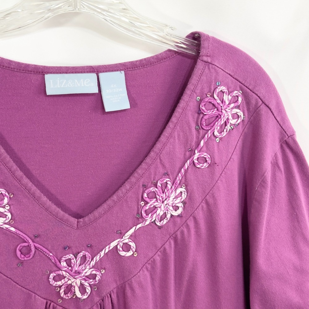 Liz & Me Plus Size 30W 32W Top 4X Purple Floral Top V Neck Short Sleeve 350 - Picture 3 of 7